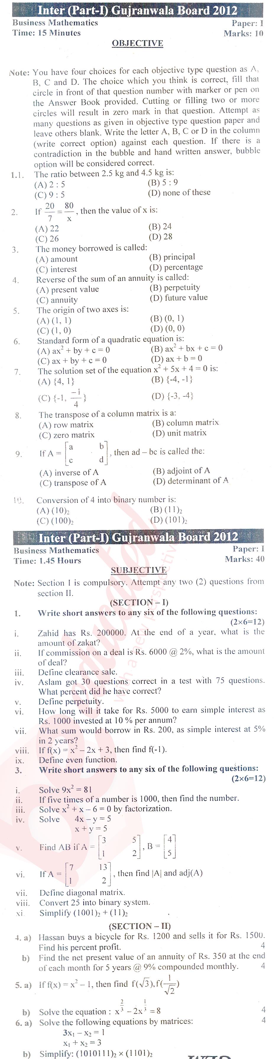 Business Mathematics ICOM Part 1 Past Paper Group 1 BISE Gujranwala 2012