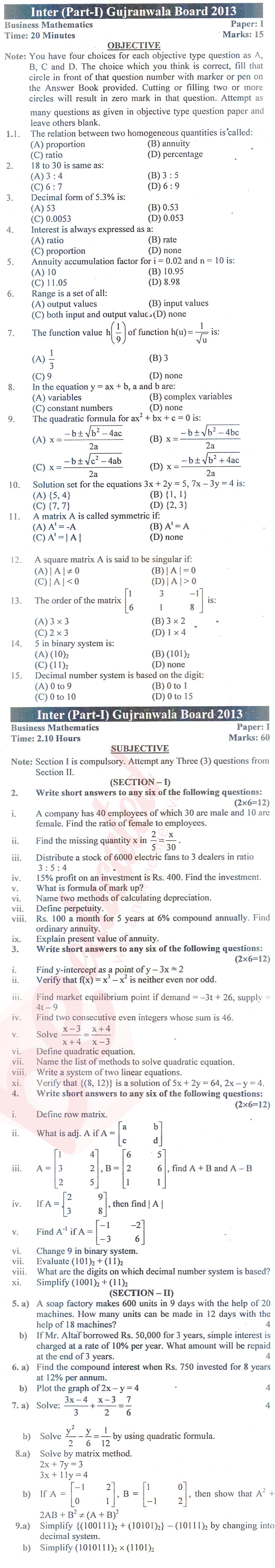 Business Mathematics ICOM Part 1 Past Paper Group 1 BISE Gujranwala 2013