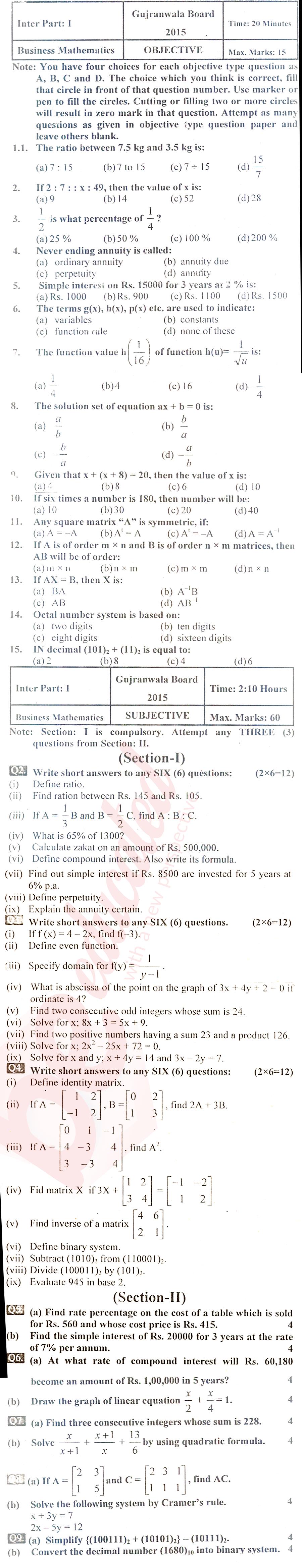 Business Mathematics ICOM Part 1 Past Paper Group 1 BISE Gujranwala 2015