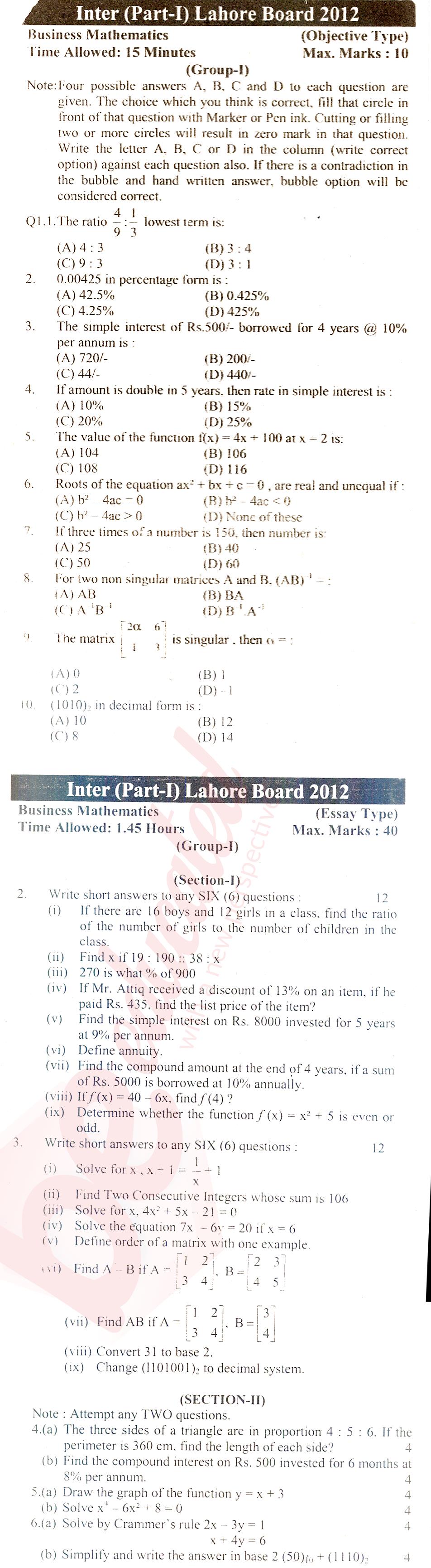 Business Mathematics ICOM Part 1 Past Paper Group 1 BISE Lahore 2012