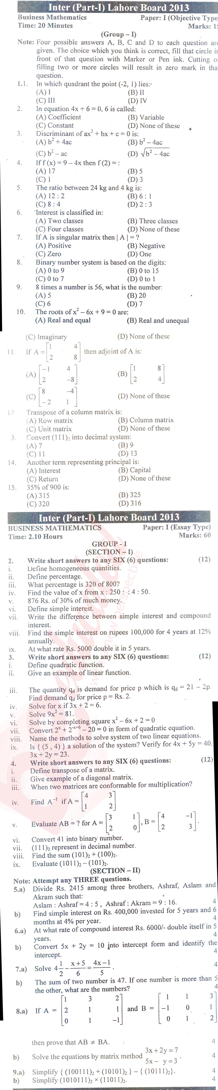Business Mathematics ICOM Part 1 Past Paper Group 1 BISE Lahore 2013