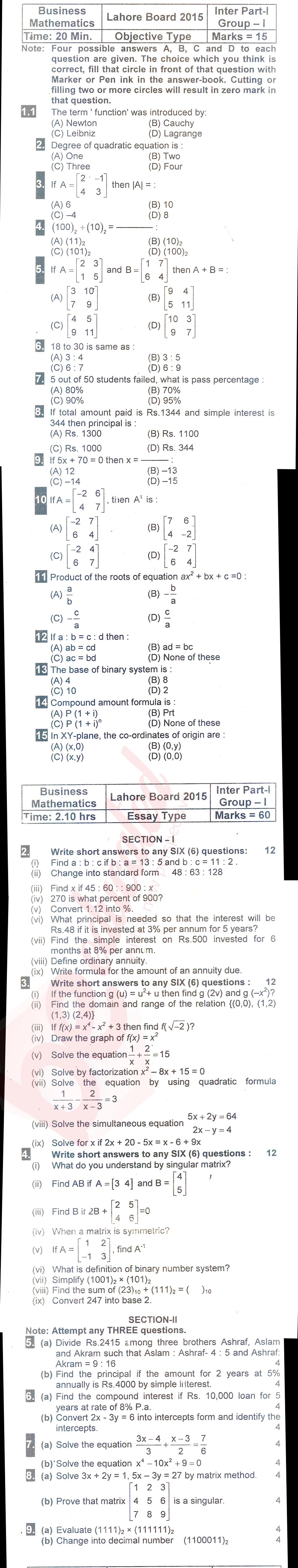 Business Mathematics ICOM Part 1 Past Paper Group 1 BISE Lahore 2015