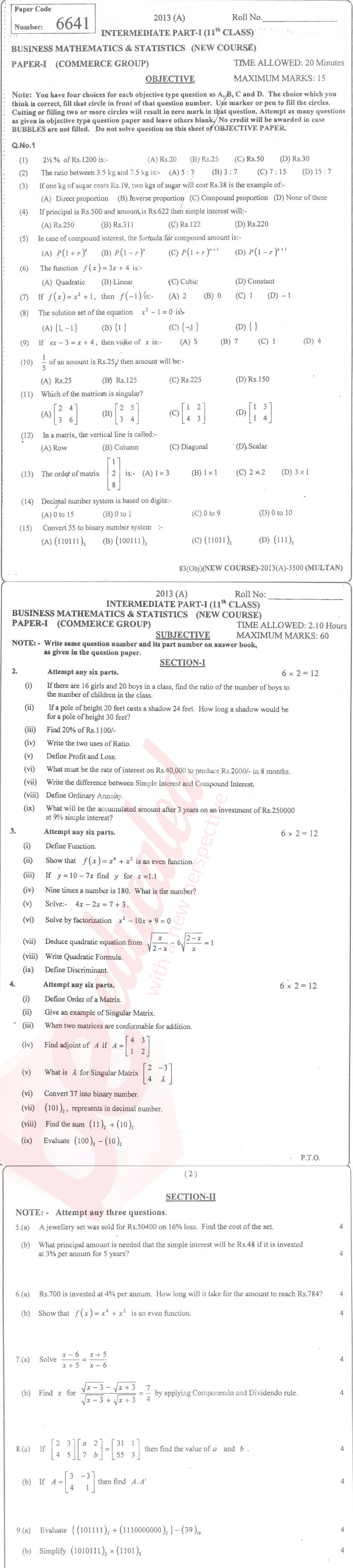 Business Mathematics ICOM Part 1 Past Paper Group 1 BISE Multan 2013