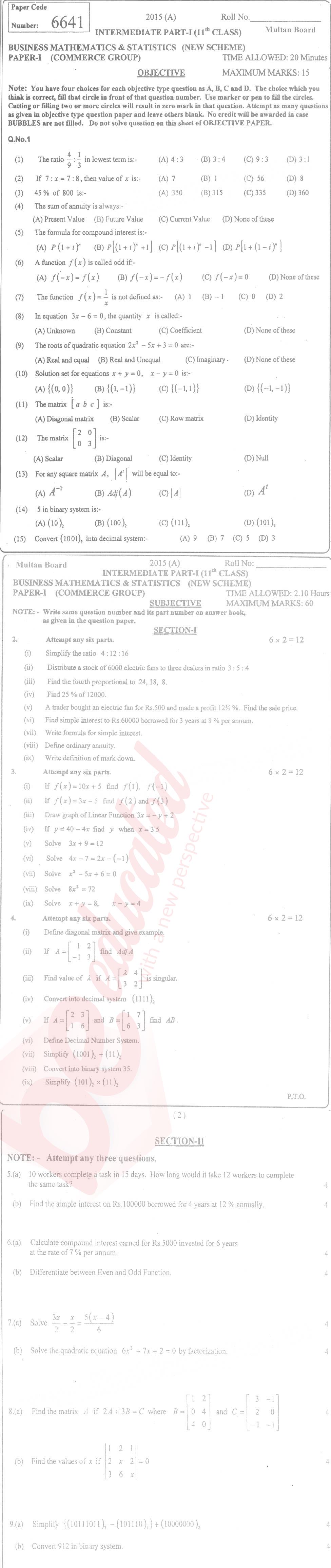 Business Mathematics ICOM Part 1 Past Paper Group 1 BISE Multan 2015