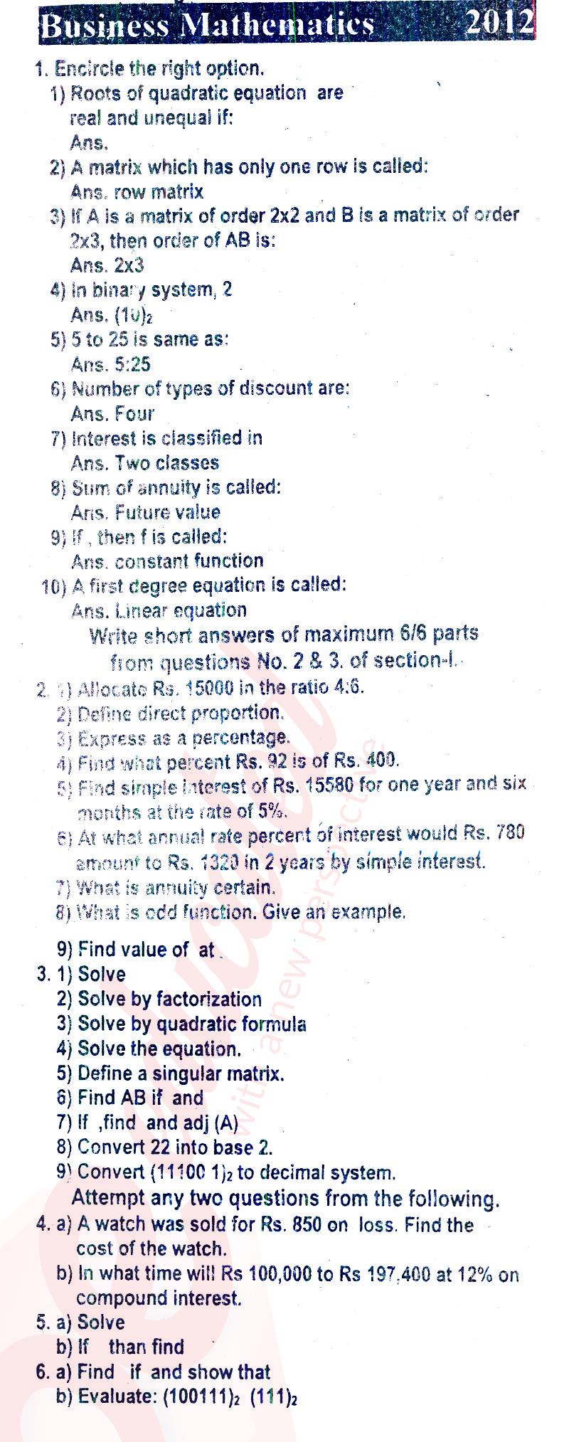 Business Mathematics ICOM Part 1 Past Paper Group 1 BISE Rawalpindi 2012