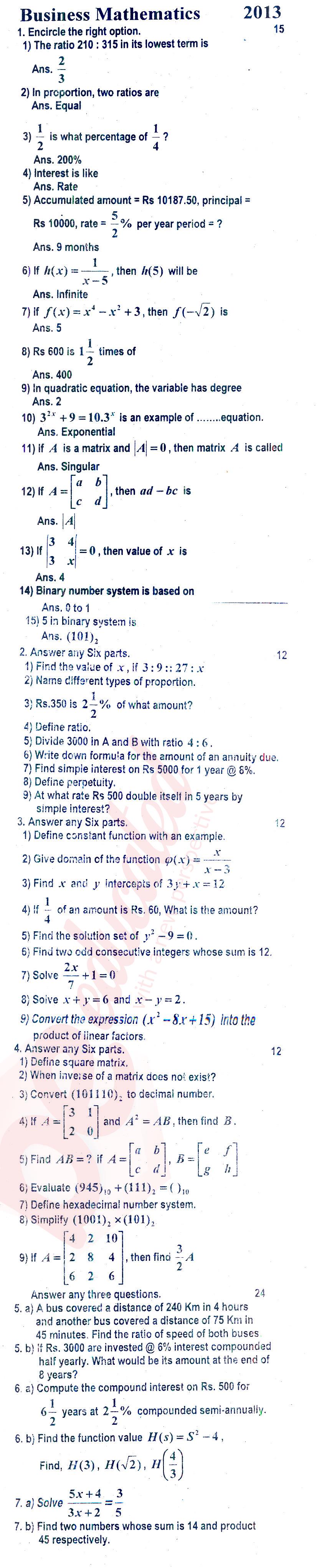 Business Mathematics ICOM Part 1 Past Paper Group 1 BISE Rawalpindi 2013