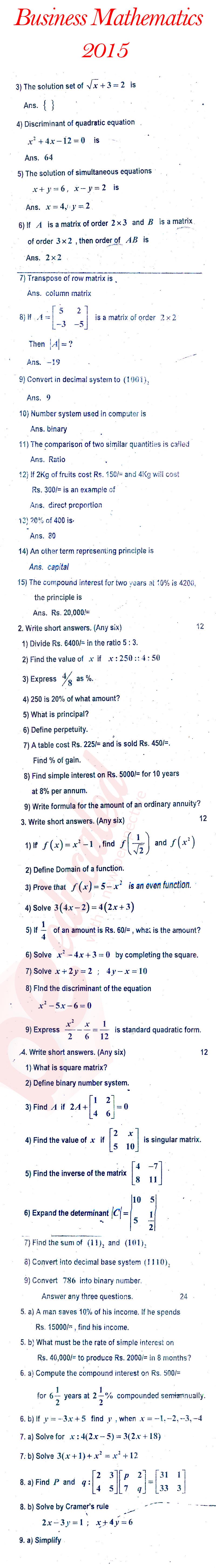 Business Mathematics ICOM Part 1 Past Paper Group 1 BISE Rawalpindi 2015