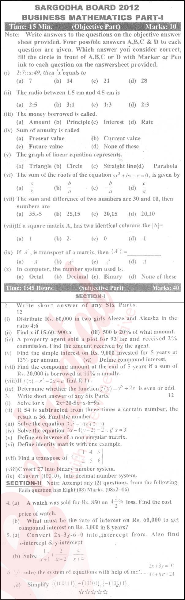 Business Mathematics ICOM Part 1 Past Paper Group 1 BISE Sargodha 2012