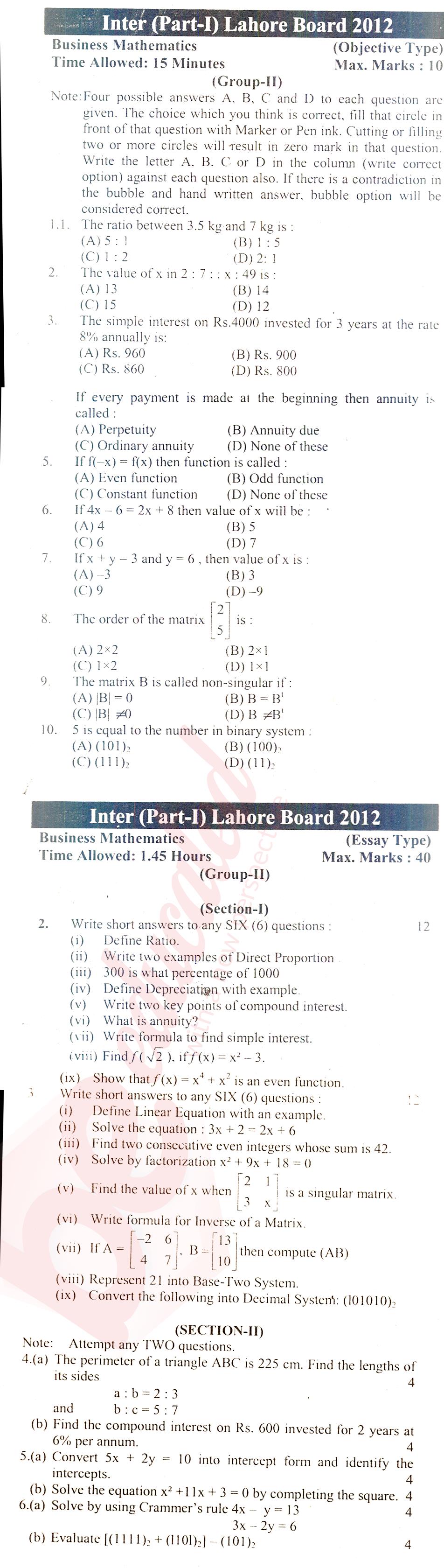 Business Mathematics ICOM Part 1 Past Paper Group 2 BISE Lahore 2012