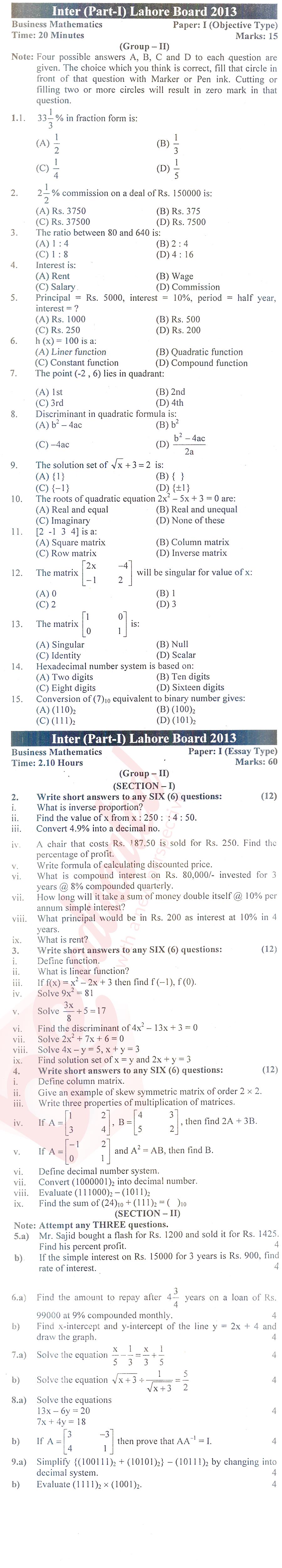 Business Mathematics ICOM Part 1 Past Paper Group 2 BISE Lahore 2013