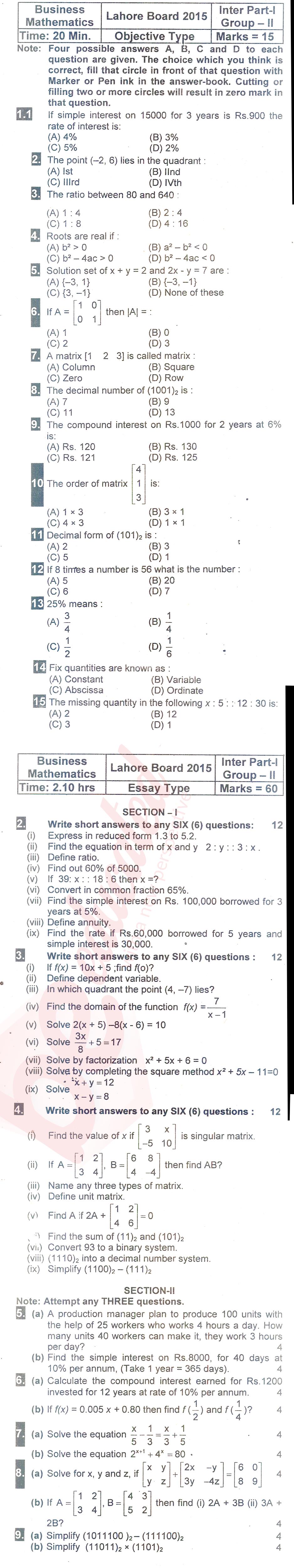Business Mathematics ICOM Part 1 Past Paper Group 2 BISE Lahore 2015