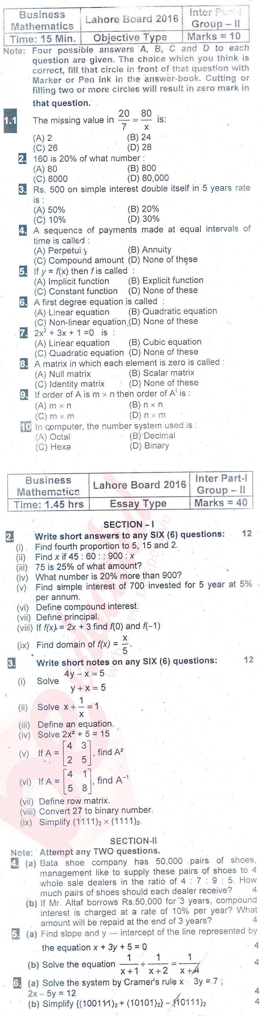 Business Mathematics ICOM Part 1 Past Paper Group 2 BISE Lahore 2016