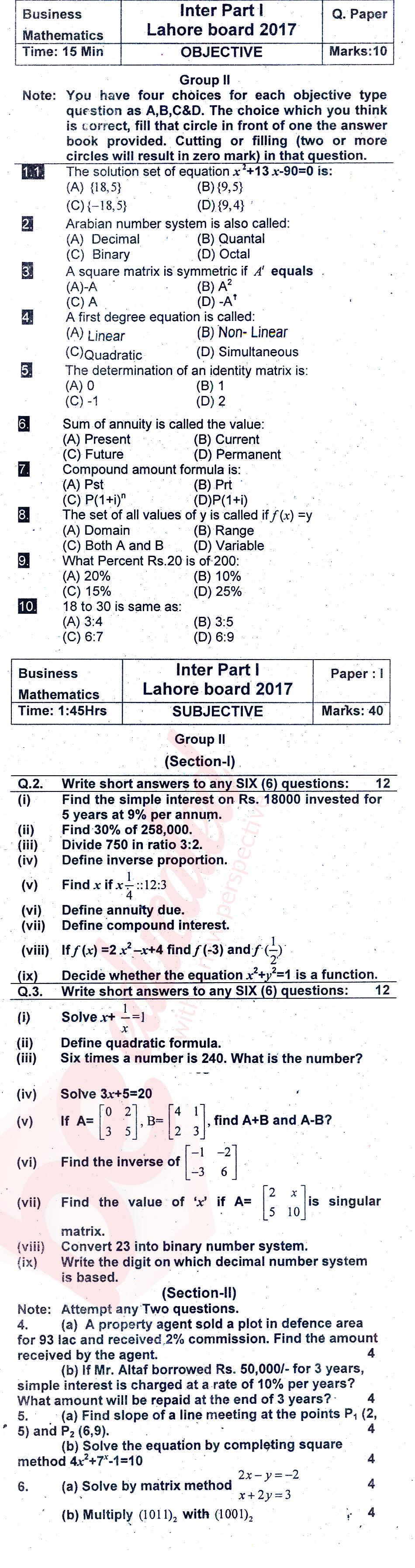 Business Mathematics ICOM Part 1 Past Paper Group 2 BISE Lahore 2017