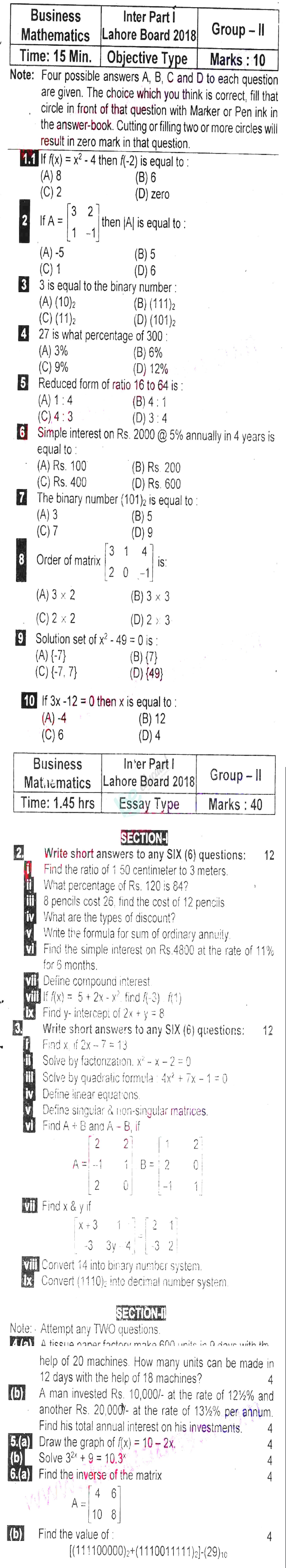 Business Mathematics ICOM Part 1 Past Paper Group 2 BISE Lahore 2018