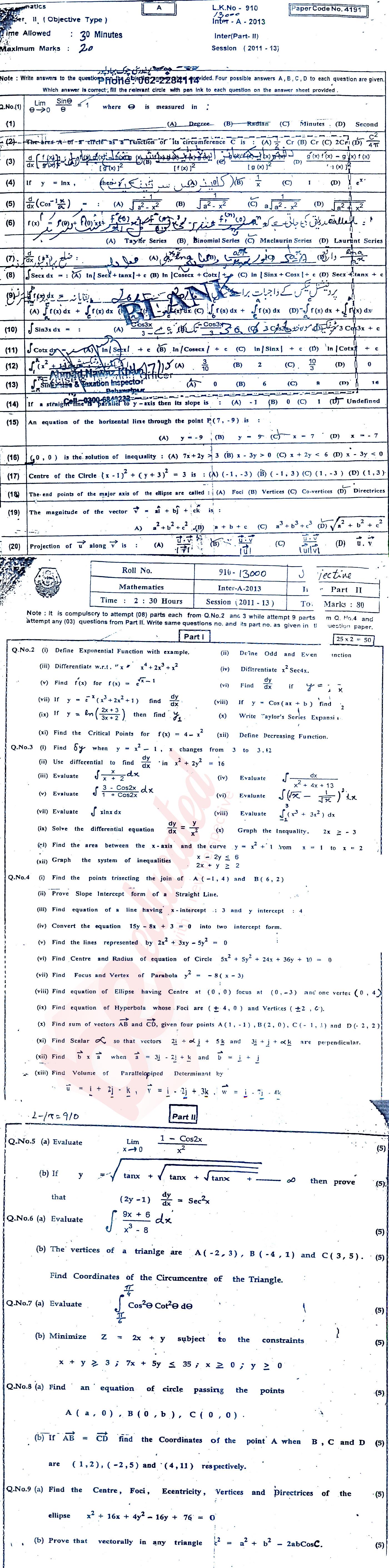 Business Mathematics ICOM Part 2 Past Paper Group 1 BISE Bahawalpur 2013