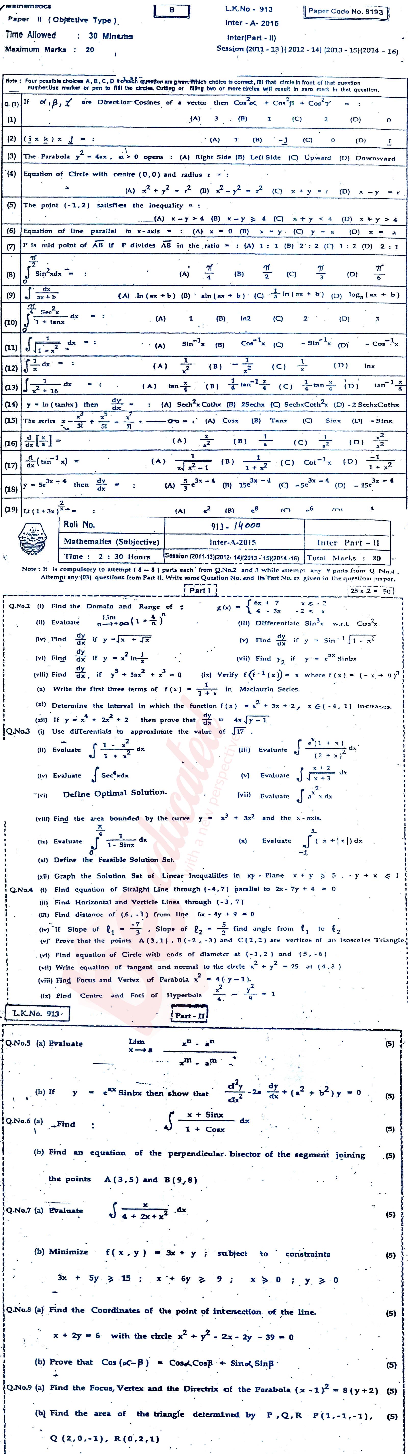 Business Mathematics ICOM Part 2 Past Paper Group 1 BISE Bahawalpur 2015
