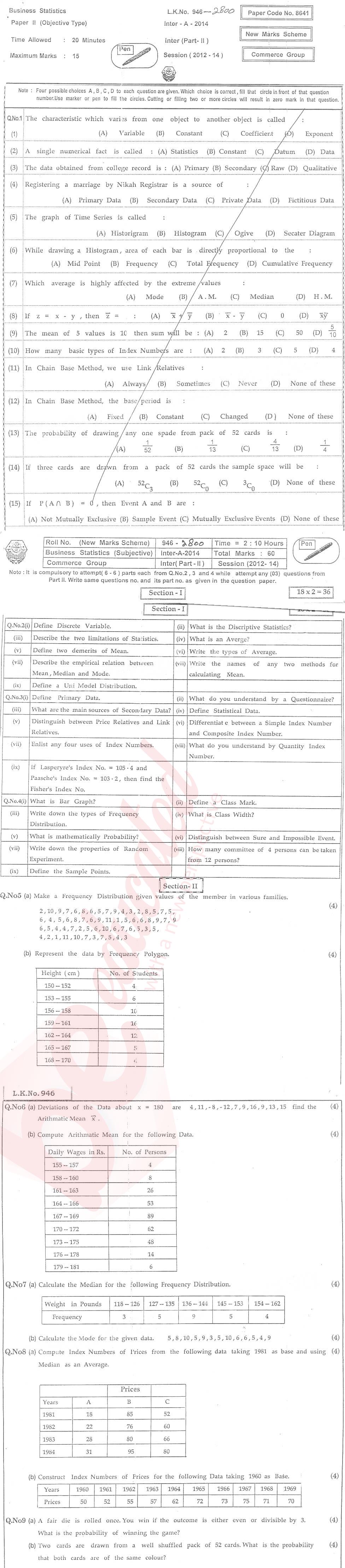 Business Statistics ICOM Part 2 Past Paper Group 1 BISE Bahawalpur 2014