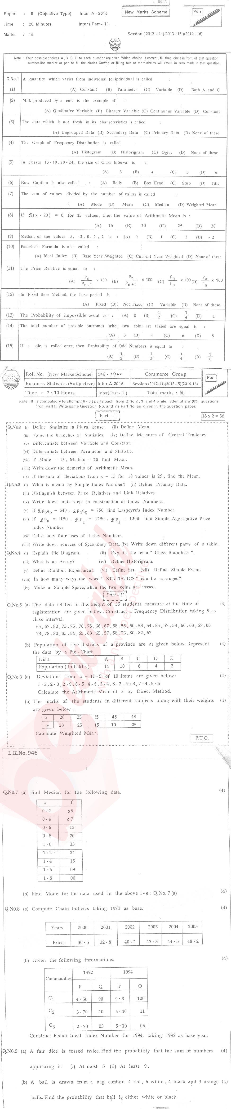 Business Statistics ICOM Part 2 Past Paper Group 1 BISE Bahawalpur 2015