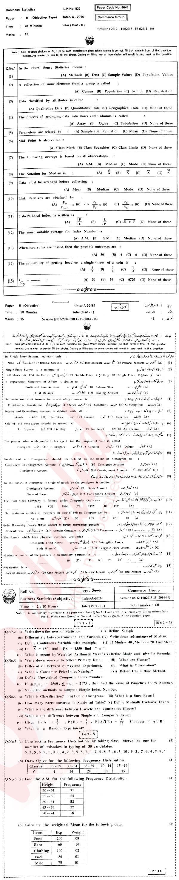 Business Statistics ICOM Part 2 Past Paper Group 1 BISE Bahawalpur 2016