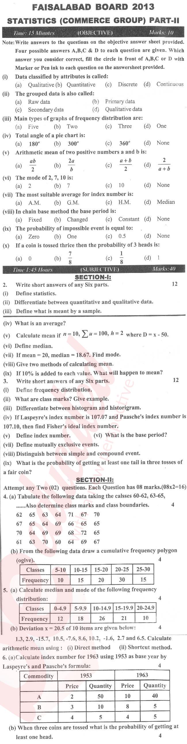 Business Statistics ICOM Part 2 Past Paper Group 1 BISE Faisalabad 2013