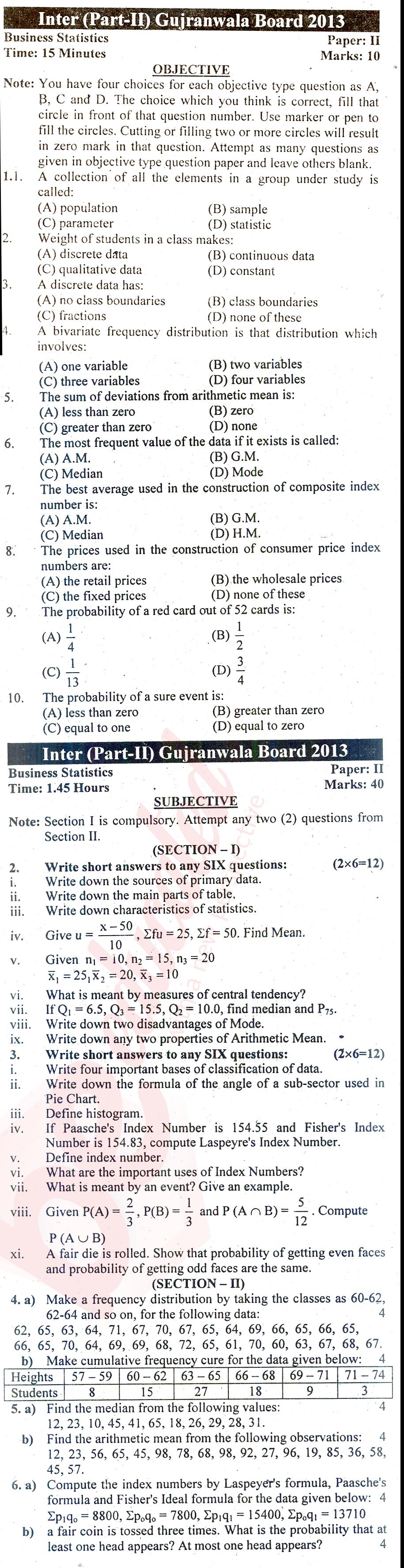 Business Statistics ICOM Part 2 Past Paper Group 1 BISE Gujranwala 2013