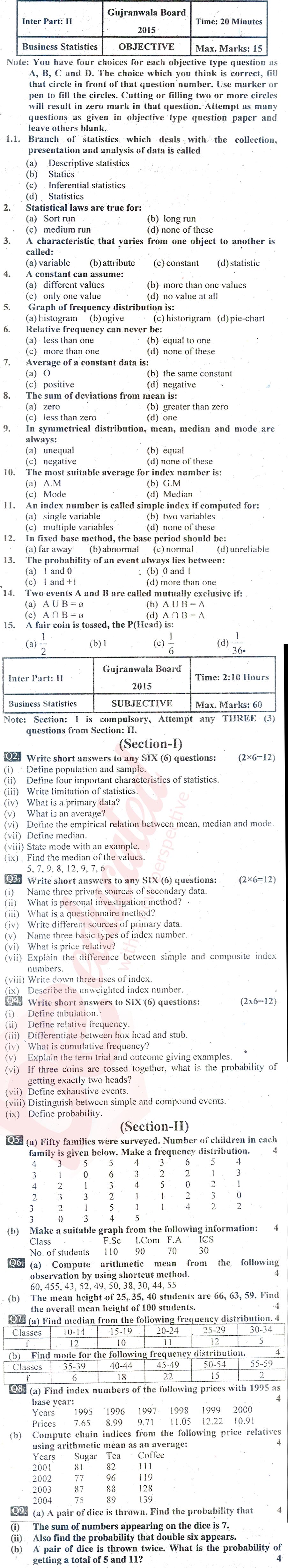 Business Statistics ICOM Part 2 Past Paper Group 1 BISE Gujranwala 2015