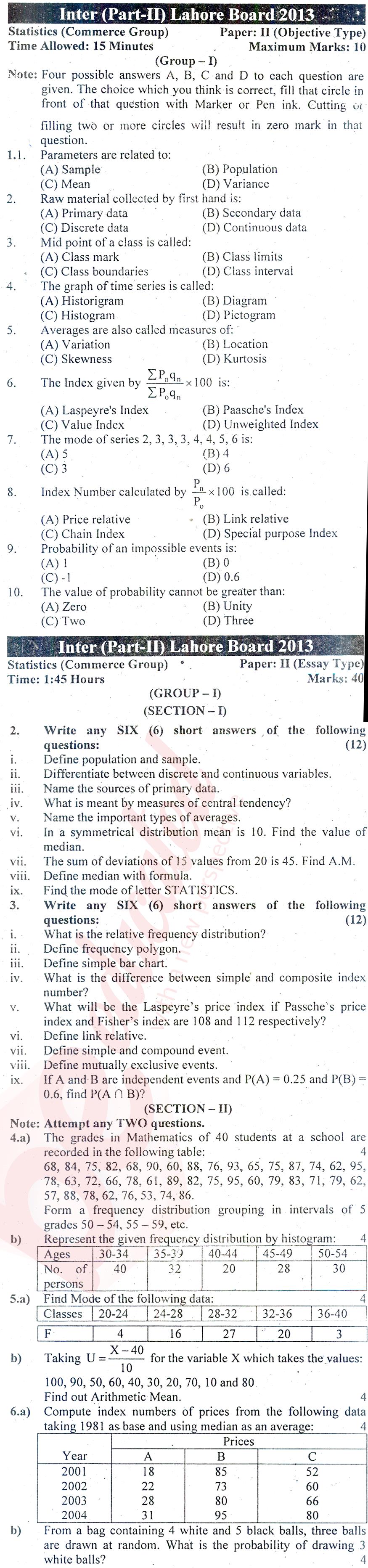 Business Statistics ICOM Part 2 Past Paper Group 1 BISE Lahore 2013