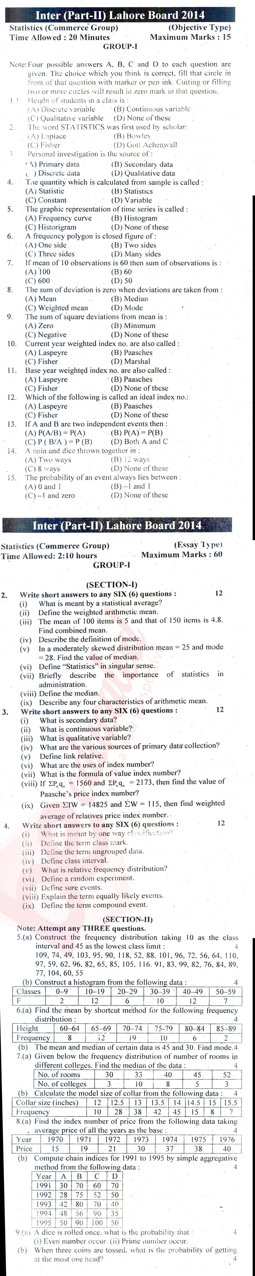Business Statistics ICOM Part 2 Past Paper Group 1 BISE Lahore 2014