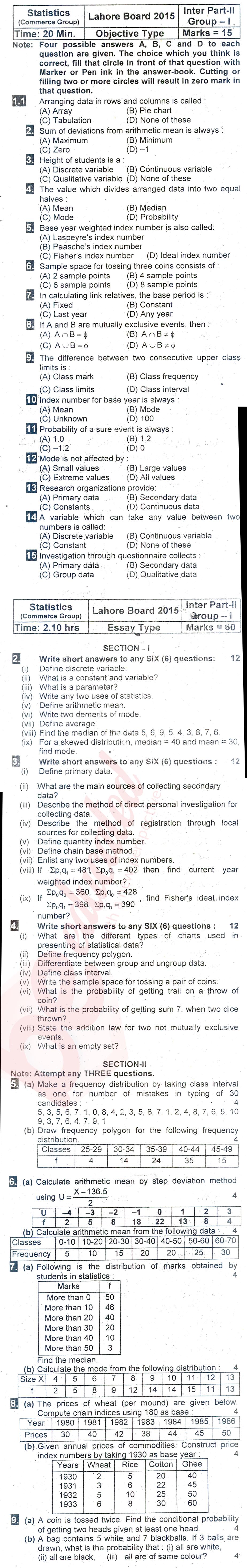 Business Statistics ICOM Part 2 Past Paper Group 1 BISE Lahore 2015