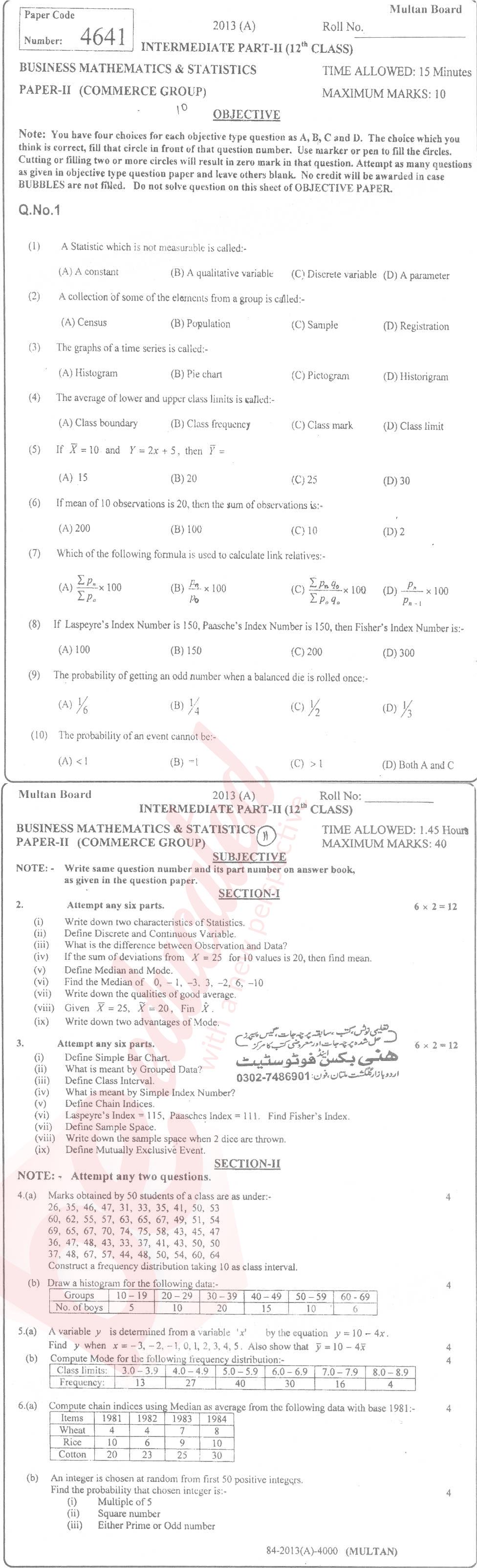 Business Statistics ICOM Part 2 Past Paper Group 1 BISE Multan 2013