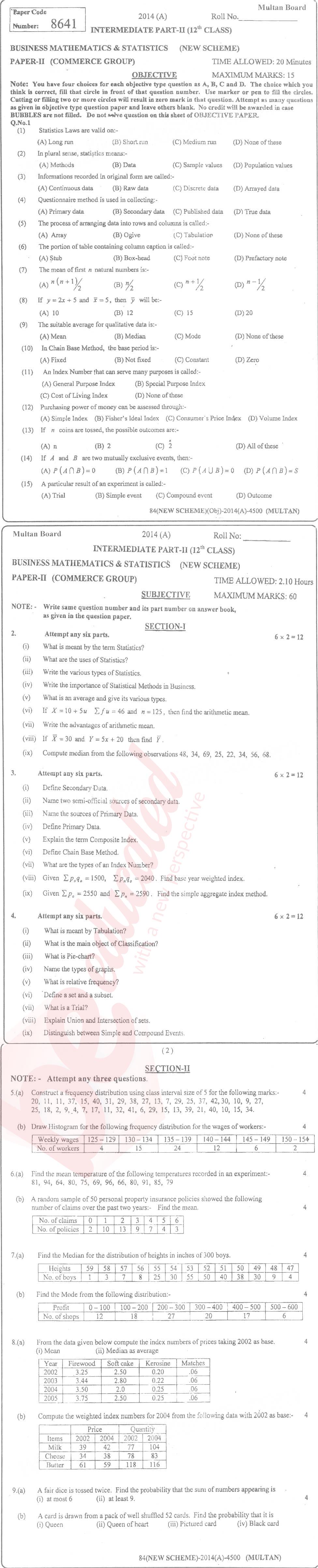 Business Statistics ICOM Part 2 Past Paper Group 1 BISE Multan 2014