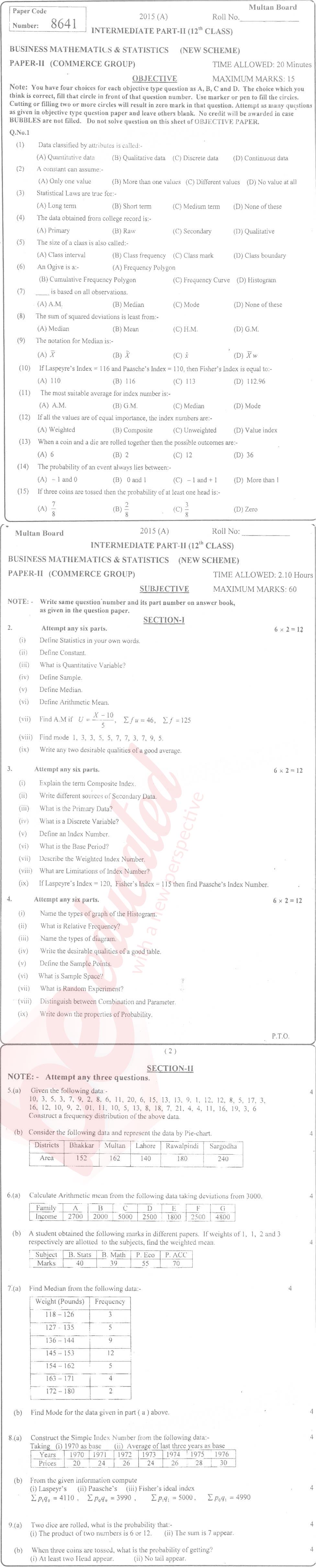 Business Statistics ICOM Part 2 Past Paper Group 1 BISE Multan 2015