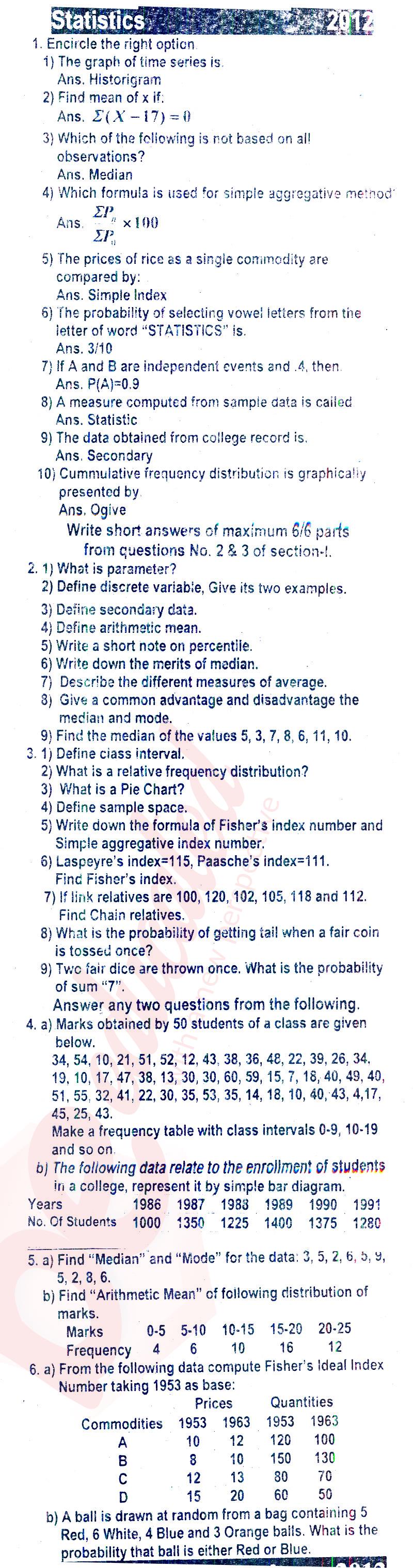 Business Statistics ICOM Part 2 Past Paper Group 1 BISE Rawalpindi 2012