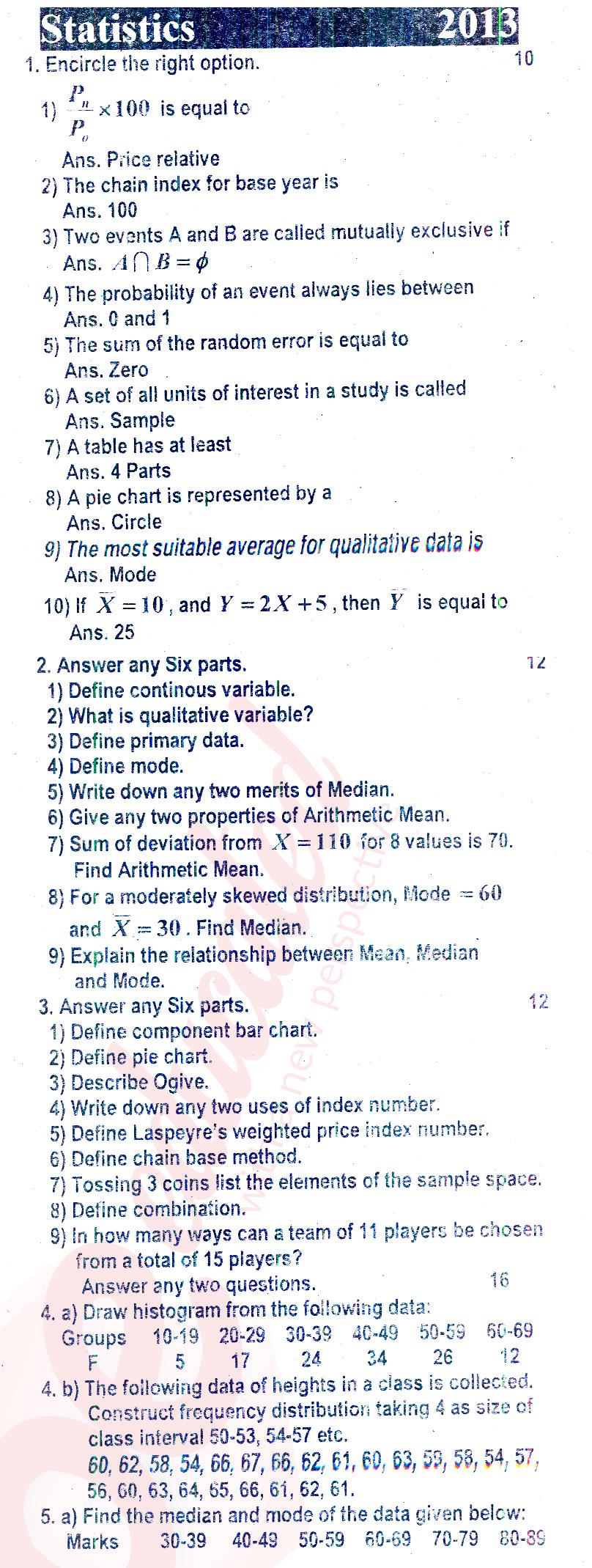 Business Statistics ICOM Part 2 Past Paper Group 1 BISE Rawalpindi 2013