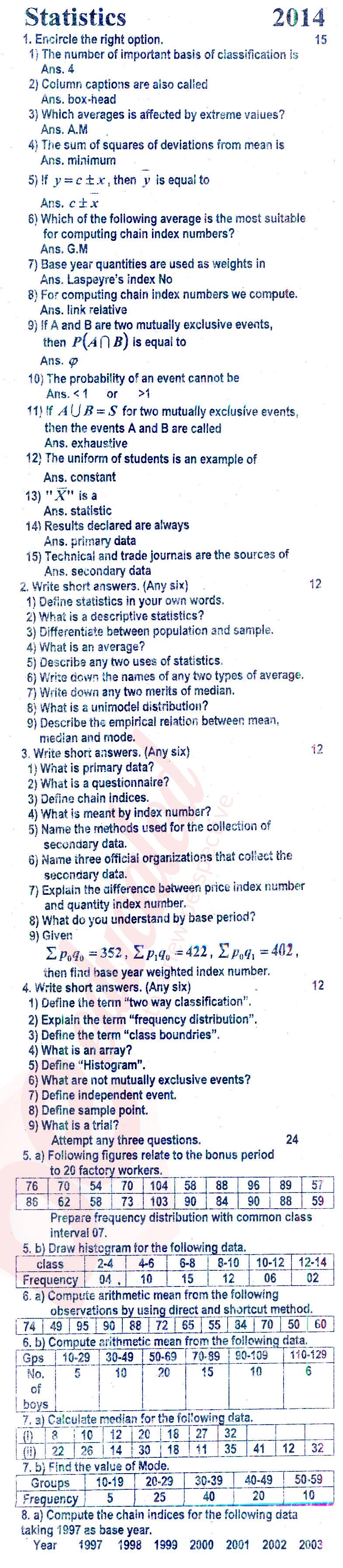 Business Statistics ICOM Part 2 Past Paper Group 1 BISE Rawalpindi 2014