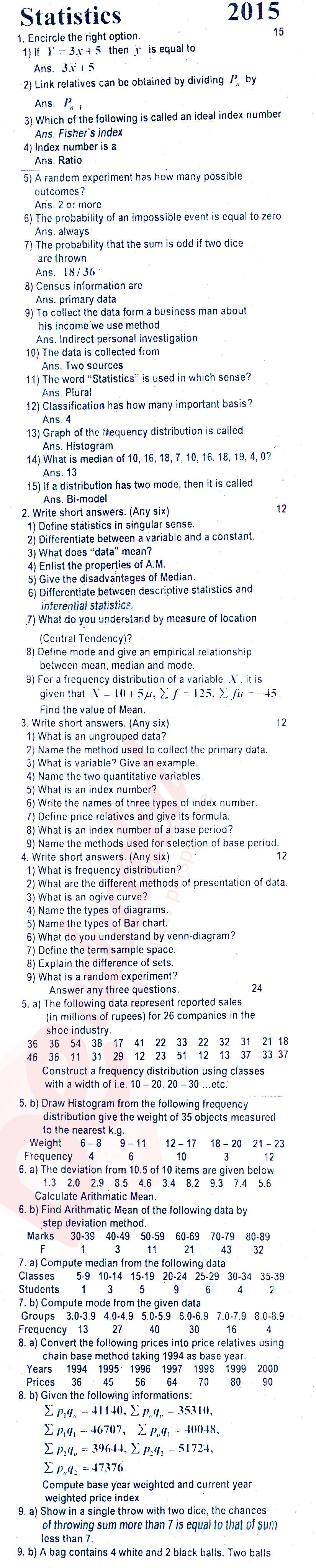 Business Statistics ICOM Part 2 Past Paper Group 1 BISE Rawalpindi 2015