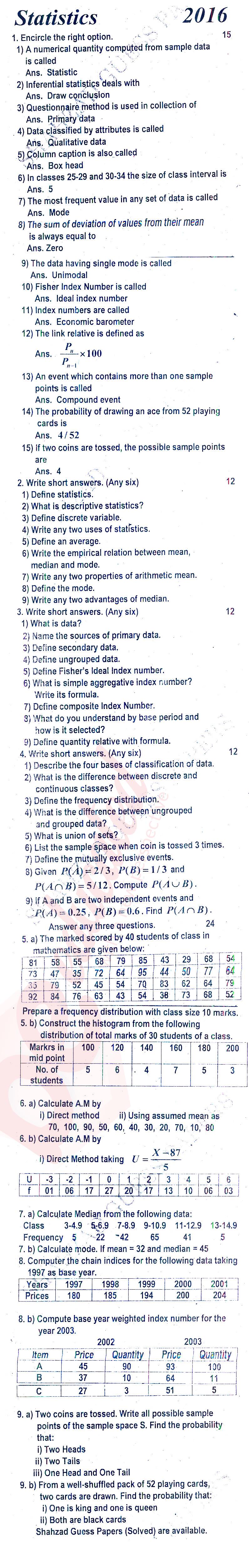 Business Statistics ICOM Part 2 Past Paper Group 1 BISE Rawalpindi 2016