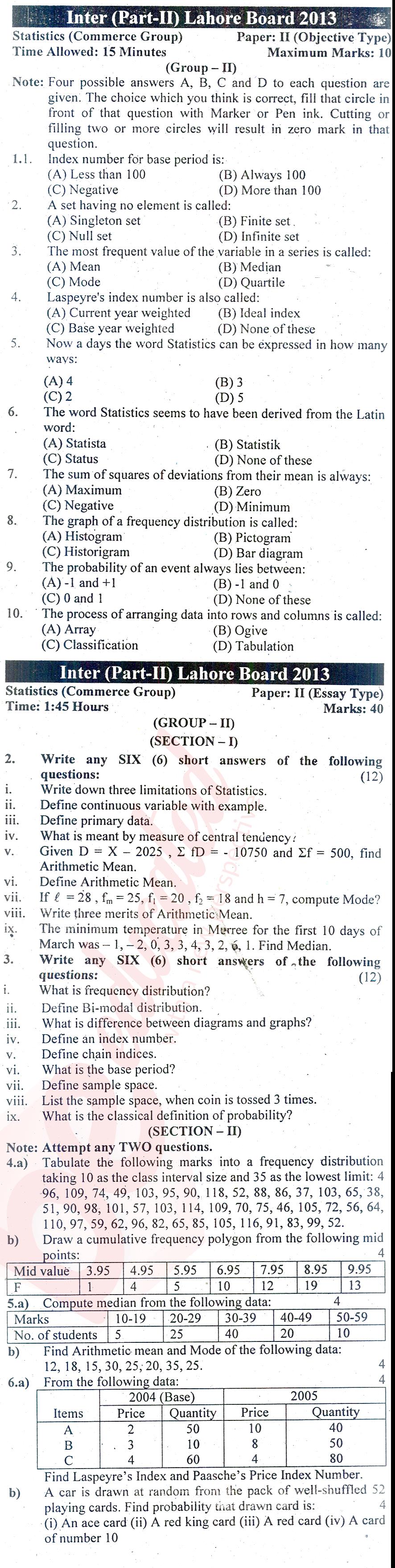 Business Statistics ICOM Part 2 Past Paper Group 2 BISE Lahore 2013