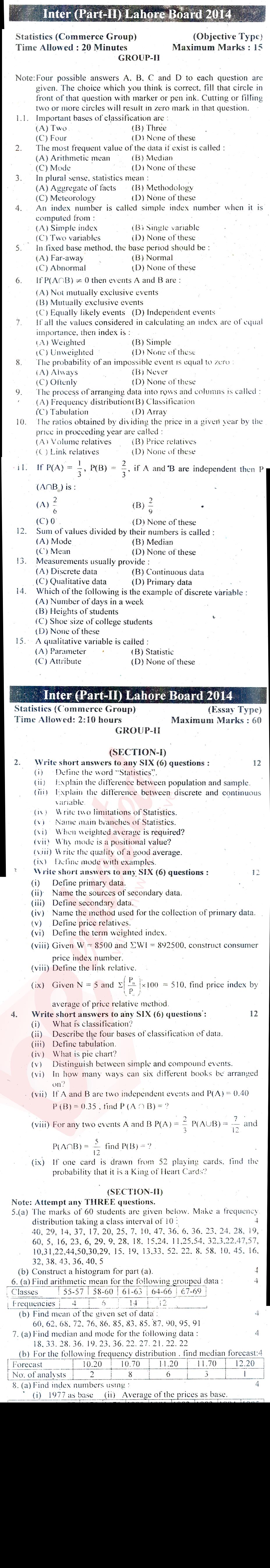 Business Statistics ICOM Part 2 Past Paper Group 2 BISE Lahore 2014