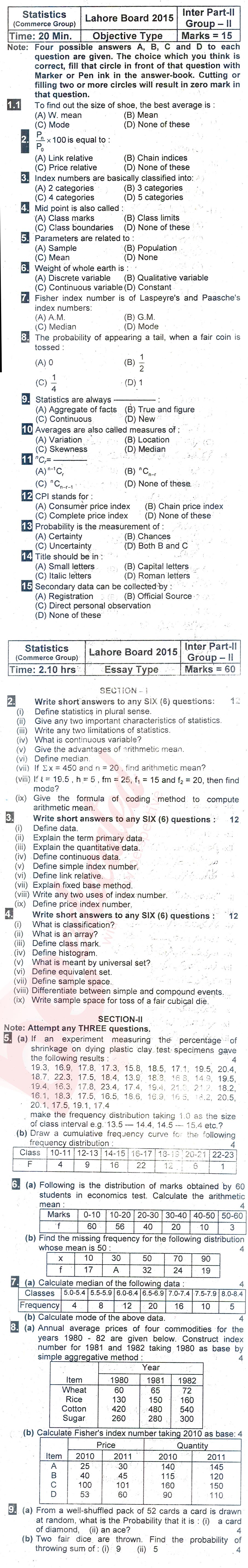 Business Statistics ICOM Part 2 Past Paper Group 2 BISE Lahore 2015