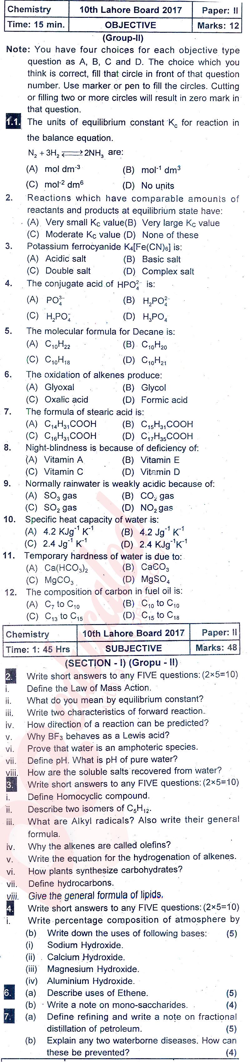Chemistry 10th class Past Paper Group 2 BISE Lahore 2017