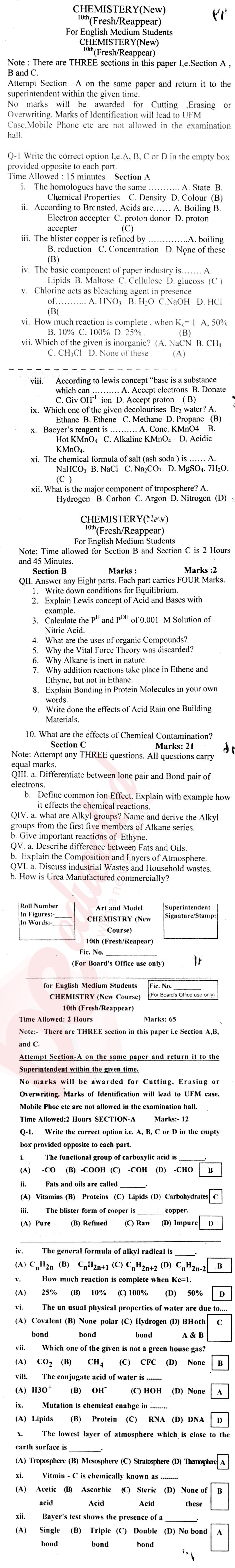 Chemistry 10th English Medium Past Paper Group 1 BISE DI Khan 2016