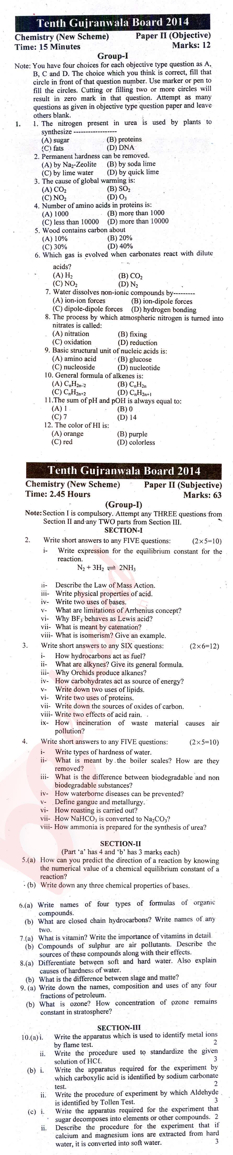 Chemistry 10th English Medium Past Paper Group 1 BISE Gujranwala 2014
