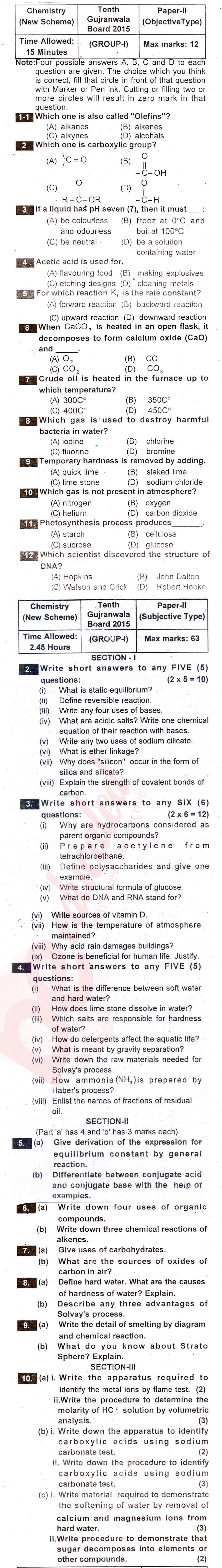 Chemistry 10th English Medium Past Paper Group 1 BISE Gujranwala 2015