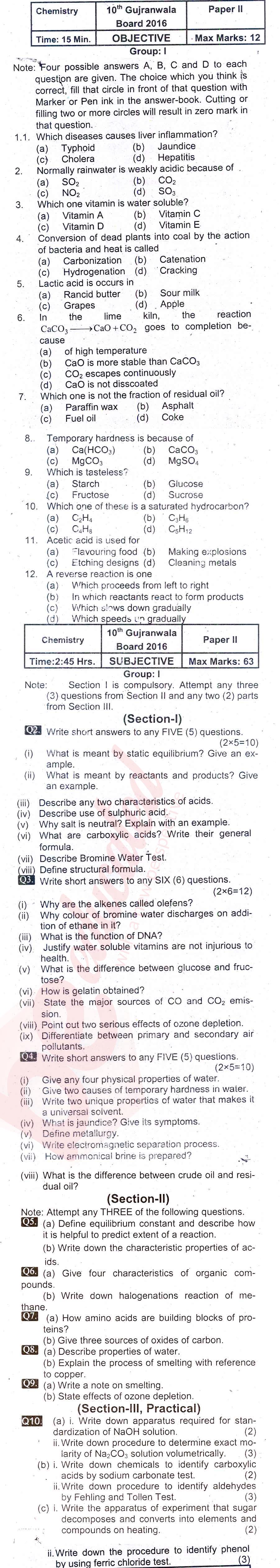 Chemistry 10th English Medium Past Paper Group 1 BISE Gujranwala 2016