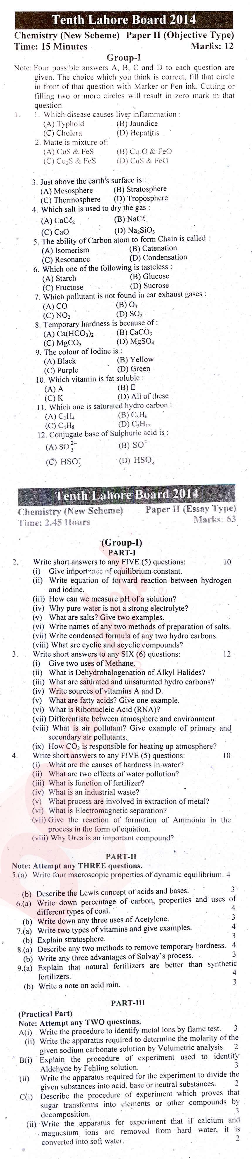 Chemistry 10th English Medium Past Paper Group 1 BISE Lahore 2014