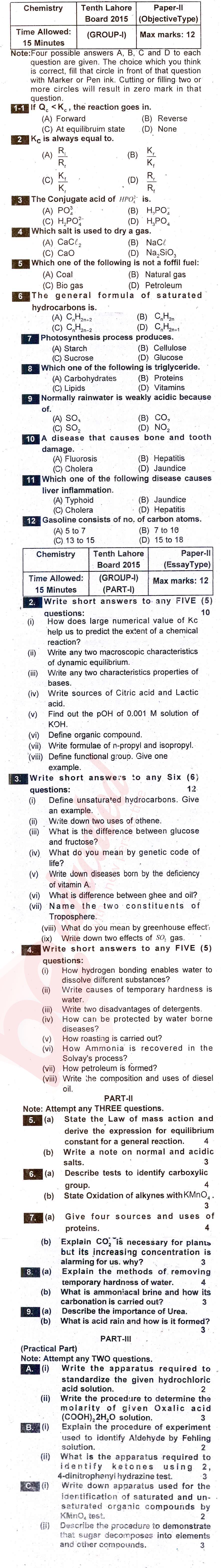 Chemistry 10th English Medium Past Paper Group 1 BISE Lahore 2015