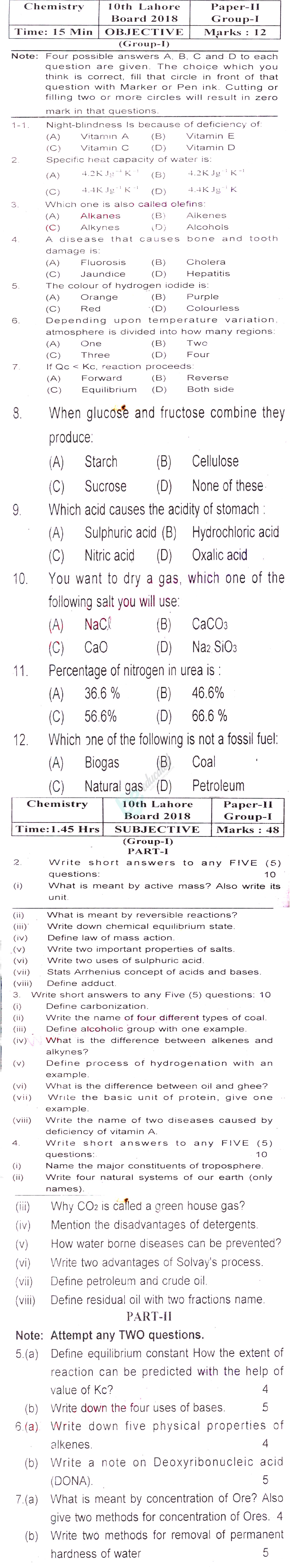 Chemistry 10th English Medium Past Paper Group 1 BISE Lahore 2018