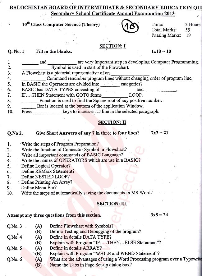 Chemistry 10th English Medium Past Paper Group 1 BISE Quetta 2013