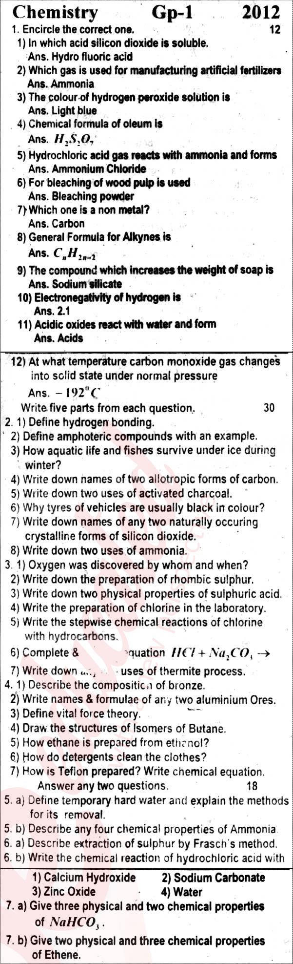 Chemistry 10th English Medium Past Paper Group 1 BISE Rawalpindi 2012